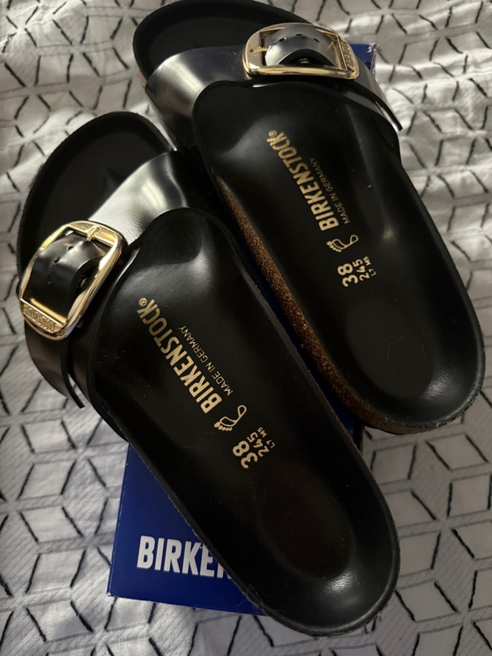 Birkenstock Black Madrid Slide Sandals with Gold Buckles